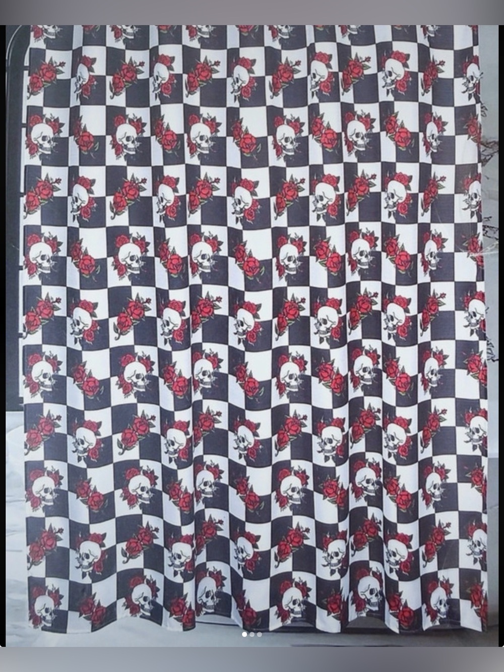 Ed Hardy Black, White & Red Checker Skull Shower Curtain with metal hooks 72x72